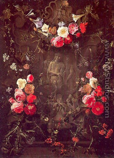 Garland of Flowers with the Ecce Homo (painted with Daniel Seghers) - Erasmus II Quellin (Quellinus)
