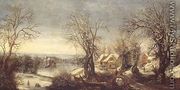 An extensive wooded landscape in winter with skaters on a frozen waterway, a pilgrim and shrine beyond - Denys Van Alsloot