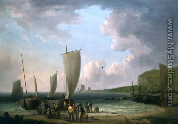 A coastal landscape with fishermen unloading - William Anderson
