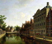 View of the Kloveniersburgwal in Amsterdam, with the Waag, and barge moored in the front of Trippenhuis to the right 1685 - Gerrit Adriaensz Berckheyde