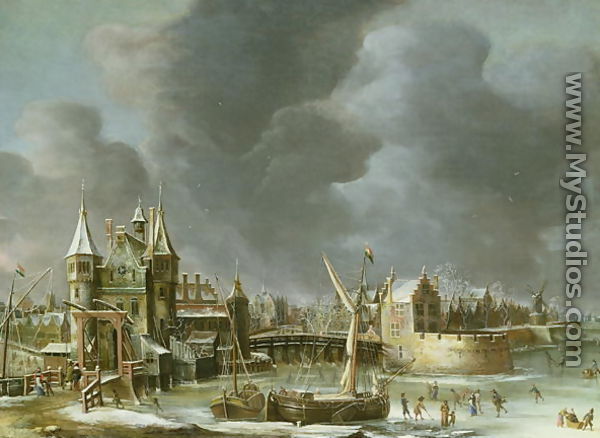 A View of the Regulierspoort, Amsterdam, in winter - Abraham Beerstraten