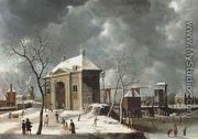 The Heiligewegspoort, from The north-west, with skaters on the frozen canal - Abraham Beerstraten