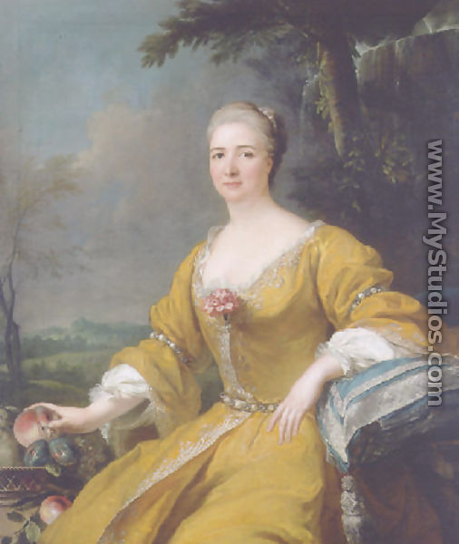 Portrait of the Duchess of Luxembourg, in an embroidered yellow dress, before a fountain, a landscape beyond - Alexis-Simon Belle