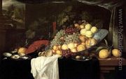 Elaborate Still life of fruit with a lobster and oysters, a landscape beyond - Andries Benedetti