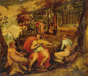 A landscape with scenes form the legend of Apollo and Marsyas - Jacopo Bertoia