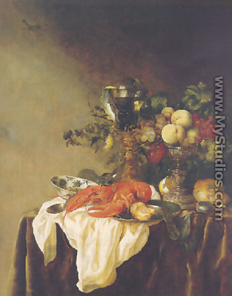 A banketje still life of fruit in a silver tazza, a lobster, a roemer and other objects on a white cloth on a velvet-draped table - Abraham Hendrickz Van Beyeren