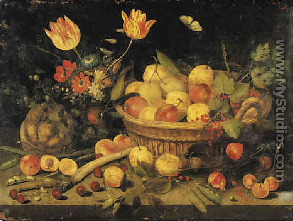 Plums and redcurrants in a basket, tulips, poppies and other flowers in a vase, with a gourd, peas, a parsnip and other fruit on a stone ledge 1632 - Peter Paul Binoit