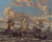 Shipping on the IJ off Amsterdam with a bezan yacht, a Dutch man-o'-war, a wherry and other shipping - Johannes de Blaauw