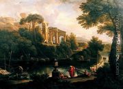 Landscape with figures by a pool with ruins in the background - Jan Frans van Orizzonte (see Bloemen)