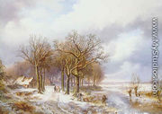 A winter landscape with a wood gatherer on a frozen ditch and peasants on a snowy path - Willem Bodemann