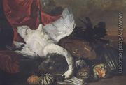 Elaborate still life with fruits, vegetables, a salver and a swan before a draped pedestal, a landscape beyond - Peeter Boel