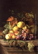 A Still Life of Melons, Grapes and Peaches on a Ledge - Jakab Bogdany