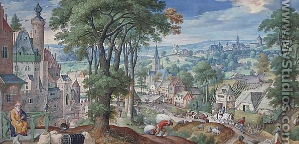 Panoramic Landscape with Parable of The Rich Man and view of the city of Brussels 1585 - Hans Bol