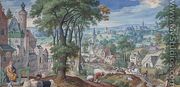 Panoramic Landscape with Parable of The Rich Man and view of the city of Brussels 1585 - Hans Bol