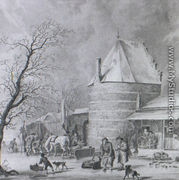 Skaters, Countryfolk and a Sledge on a frozen Moat near a Tower and Gate... - Cornelis Borsteegh