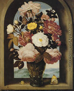 A still life of roses in a berkemeijer glass, with butterflies and a snail, in an arched stone window with a landscape beyond - Ambrosius the Elder Bosschaert