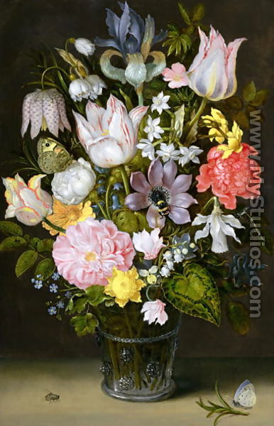 Still life of a bouquet of flowers including variegated tulips, bluebells, forget-me-nots and lily-of-the-valley (2) - Ambrosius the Elder Bosschaert