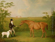 A Gentleman with a White Dog and a Chestnut Mare in a Landscape - John Boultbee