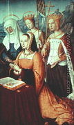 Ms lat 9474 f.3v Anne of Brittany with St. Anne, St. Ursula and St. Helen, miniature from the Grandes Heures of Anne of Brittany, c.1503-8 - Jean Bourdichon