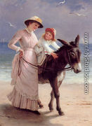 Mother and child promenading on a beach with a donkey - Jane Maria Bowkett