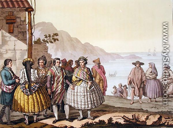 Men and women in elaborate costume, Chile, from 