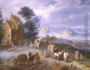 Landscape with peasants, carts and a ferry - Joseph van Bredael