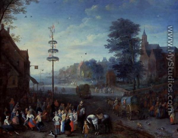 Village kermesse with villagers dancing round a maypole and travellers on a road - Joseph van Bredael
