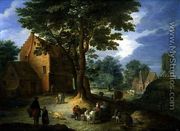 Village Scene with a Windmill - Joseph van Bredael