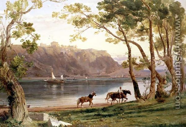 River landscape with barge horses, 1860 - Frederick Lee Bridell