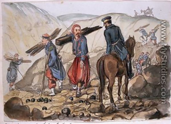 A ravine of Sebastopol after the explosion in the mamelon vert: a Zouave collects wood from the remains, from an album of paintings and sketches known as 