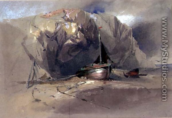 A Fishing Smack and a Small Boat drawn up on the Shore Beneath a Rocky Cliff - Henry Bright