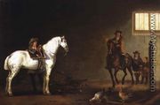 Horsemen with a grey and a bay in a riding school - Abraham Van Calraet