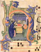 Ms 571 f.6r Historiated initial 'H' depicting the Nativity from an antiphon - Don Simone Camaldolese