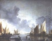 A calm, with a dignitary heralded in a state barge and fishermen in the foreground - Jan Van De Capelle