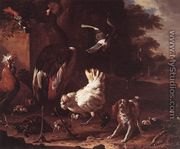 Birds and a Spaniel in a Garden - Melchior de Hondecoeter