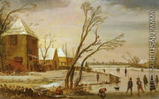 A Winter Landscape With Skaters On A Frozen River - Esaias Van De Velde