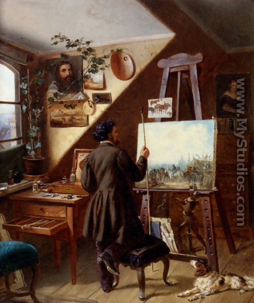 Painting Horses In The Studio, A Self Portrait - Gustav Adolf Friedrich