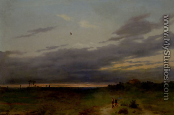 Sunset Landscape With Two Figures On A Track - Carlo Piacenza