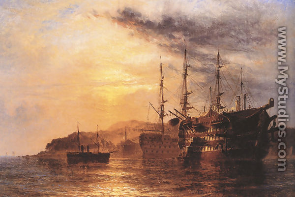 A Three Deck laying by a Hulk with a Steamship heading to shore off the Devonshire coast - Henry Thomas Dawson