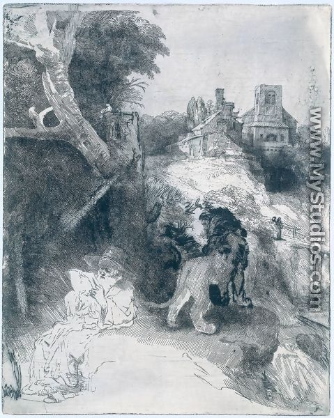 St Jerome Reading in an Italian Landscape - Rembrandt Van Rijn