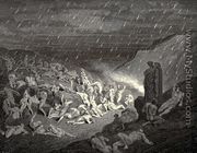 The Inferno, Canto 14, line 37-39: Unceasing was the play of wretched hands,/ Now this, now that way glancing, to shake off/ The heat, still falling fresh. - Gustave Dore