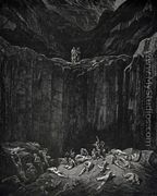 The Inferno, Canto 29, lines 52-56: Then my sight/ Was livelier to explore the depth, wherein/ The minister of the most mighty Lord,/ All-searching Justice, dooms to punishment/ The forgers noted on her dread record. - Gustave Dore