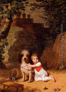 Portrait Of A Little Boy Placing A Coral Necklace On A Dog, Both Seated In A Parkland Setting - Martin Drolling