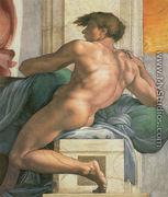 Ceiling of the Sistine Chapel: Ignudi, next to Separation of Land and the Persian Sybil [right] - Michelangelo Buonarroti