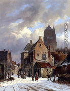 Figures In A Snowy Village Street - Adrianus Eversen