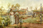 A Lady And Her Maid Picking Chrysanthemums - Alfred Glendening