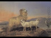 A Ewe with Lambs and a Heron Beside a Loch - Richard Ansdell