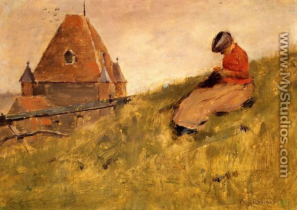 On the Cliff: A Girl Sewing - Theodore Robinson