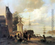 Figures at a market Stall by a Harbour - Jan Michael Ruyten