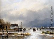 A Winter Landscape With Skaters On A Frozen Waterway - Andreas Schelfhout